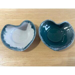 Heart Pottery Trinket Dish Latham's 1998 Signed Teal/White Glazed‎ SET/2 Vintage